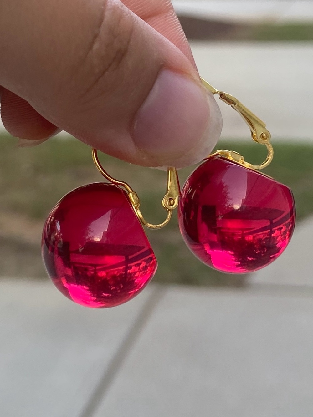 New! Gold Leverback Earrings with Red Glass Orbs 🌹
